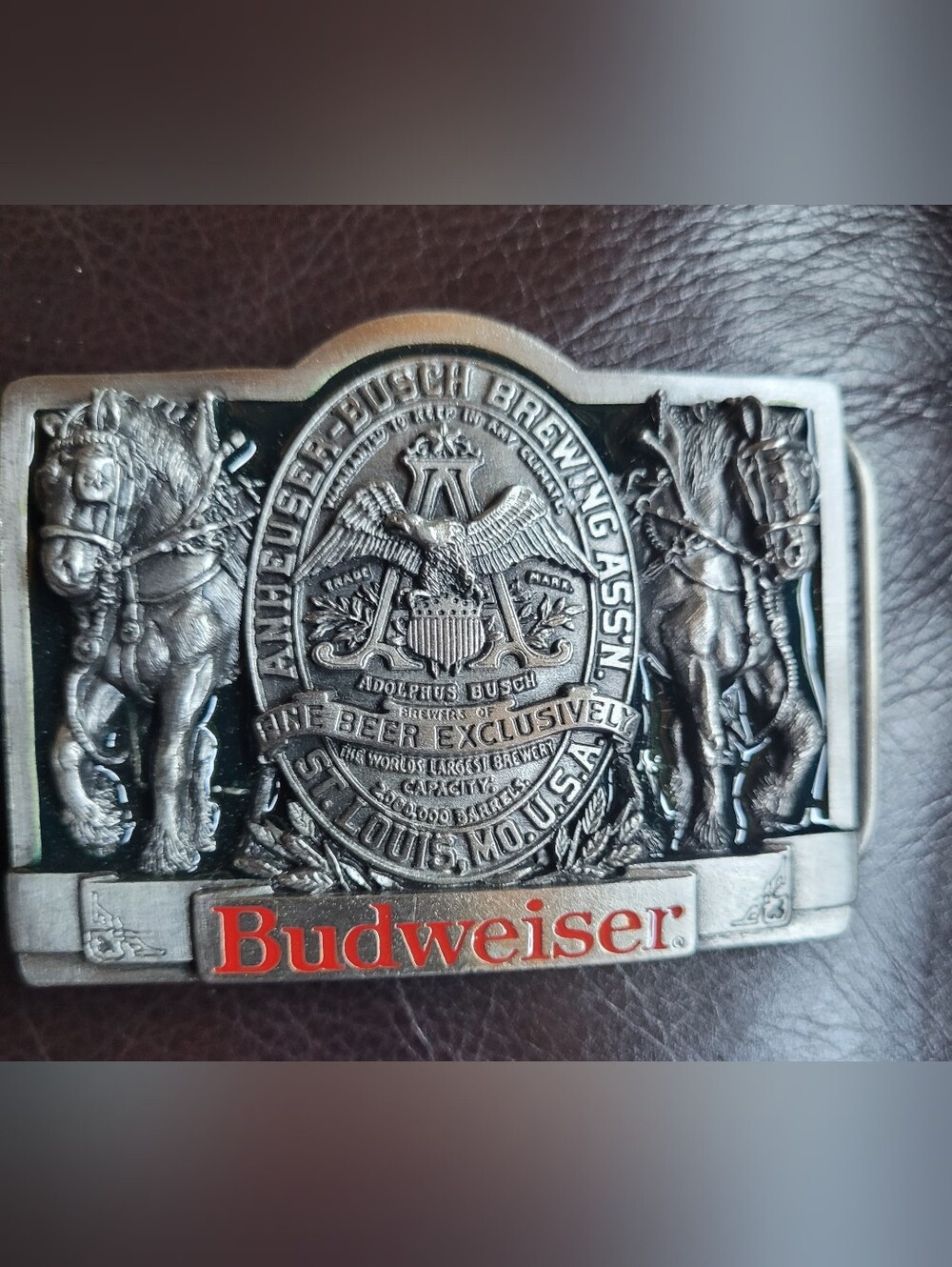 1992 Budweiser Silver Belt Buckle with Red Logo Banner And 2 Horses